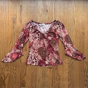 vintage y2k deadstock charlotte russe boho print blouse in red/burgundy multi